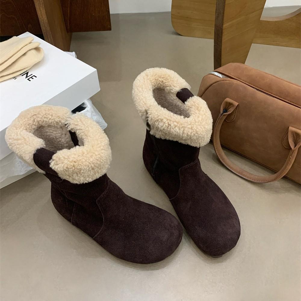 2025 Autumn and Winter New Round Head Leather Matte Plush Thin Martin Snow Shoes Warm Boken Women's Short Boots
