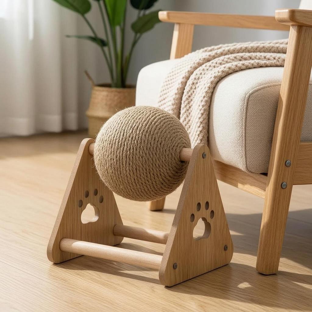 Cat Scratching Ball Rotating Toy with Wooden Frame ClawFriendly Sisal Rope for