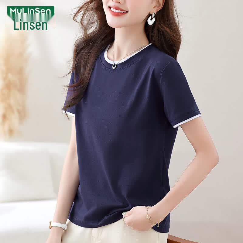 MULINSEN Women's Faux Two-Piece Round Neck Cotton T-Shirt
