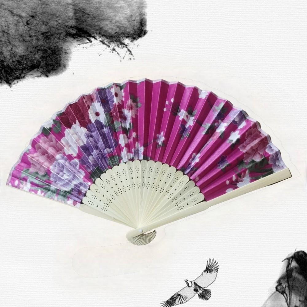 Silk Material Chinese Folding Fan Flower Pattern Folding Design Silk Fan Bamboo Wood Artificial Silk Hand Fan Home Decoration