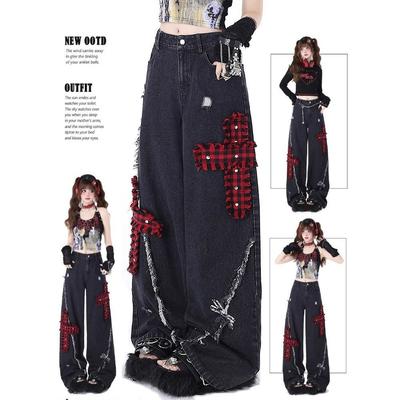 Dámské černé gotické široké Y2k džíny vintage streetwear kovbojské kalhoty Harajuku džínové kalhoty estetické emo trashy oblečení