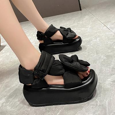 Nya Stora Rosett Fjäder Bomull Bröd Sandaler för Dam 2025 Sommar Kardborreband 7cm Hög Platå Sandal Casual Strandsko