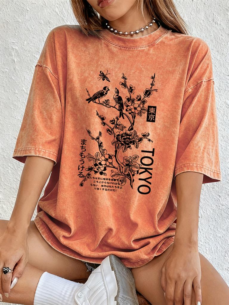 Tokyo Flowers And Birds Cotton Washed TShirts Womens Summer Oversized T Shirt ONeck Short Sleeve Tops Casual Women Clothes