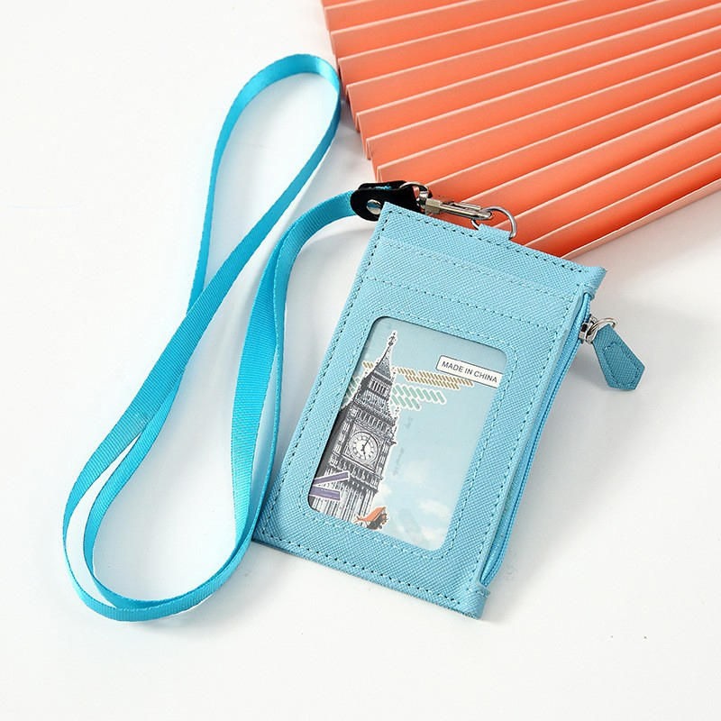 Casual Fashionable Pu Card Bag With Zipper Loose Change Bag With Hanging Rope Men'S And Women'S Card Mini Coin Bag Multiple Card Slots Id Card Bag