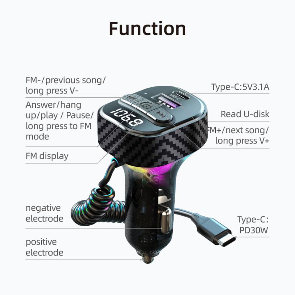 

C52 Bluetooth-compatible Car MP3 Player FM Transmitter Type-C+QC3.0 USB Car Charger with PD 30W Type-C Cable Type A