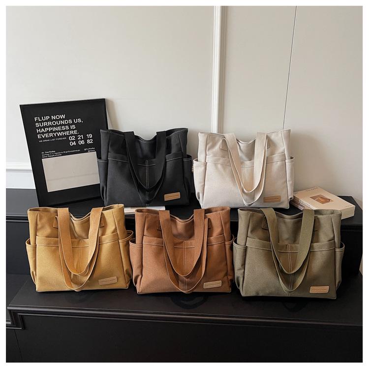 Retro Multi-Pocket Canvas Tote - Large Capacity Korean Style Shoulder Bag for Women