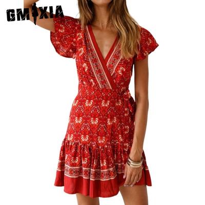Vestidos casuales de manga corta con cuello en V y estampado floral de primavera y verano para mujer