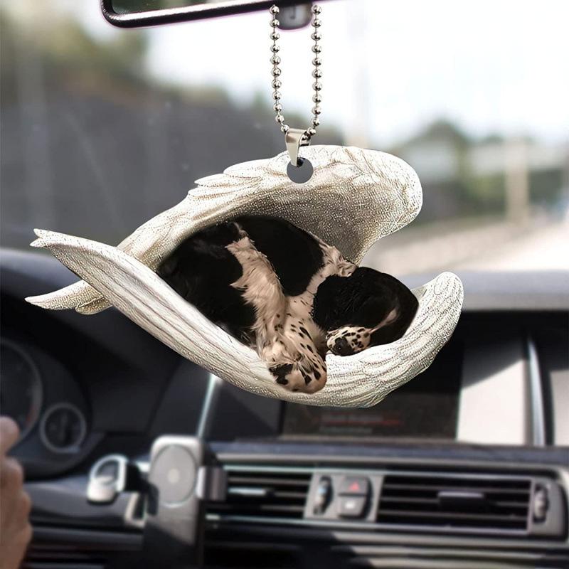 Creative Sleeping Angel Wing Puppy Memorial 2D Flat Car Rear View Mirror Accessories Ornament Decoration Hanging Charm Pendant