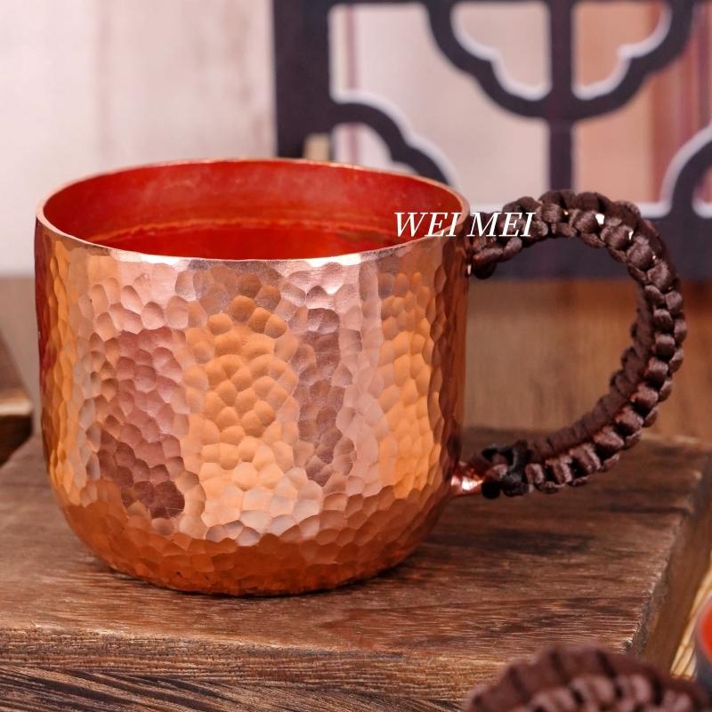 Pure Copper Vintage Coffee Mug,Home 200 ml Woven Handle Cold Drink Cups,Handcrafted Engraving Hammer Texture Tea Cup Drinkware
