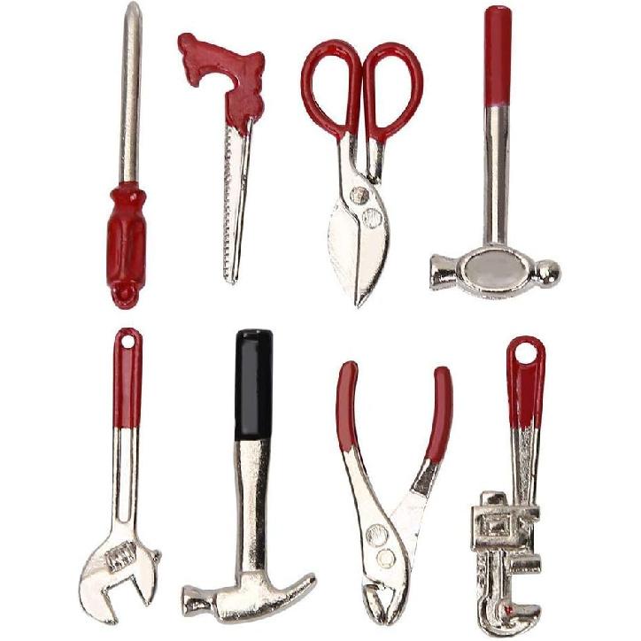 Doll House Toolbox,Eecoo Miniature Tool Box Wooden Toolbox Model for 1/12 Doll House Accessories with 8PCS Metal Tools Set