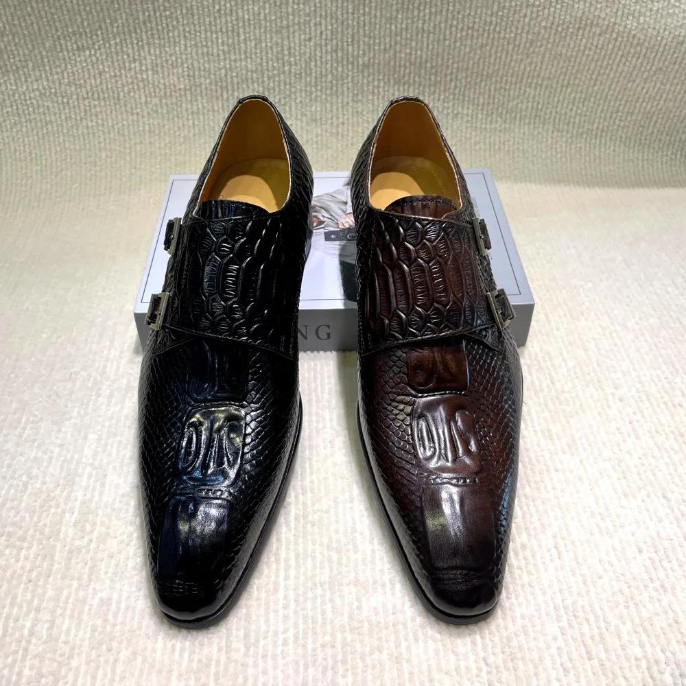 Fashion Men's Italian Genuine Leather Formal Oxford Shoes Python Crocodile Pattern Button Detailing for Office Party Wedding Footwear