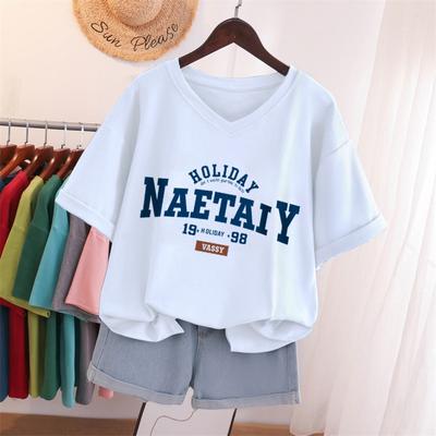 Female Cotton L-5XL T Shirt Plus Size Tshirt Short Sleeve Letter Print Women Top Summer Sweet V Neck Oversized T Shirts