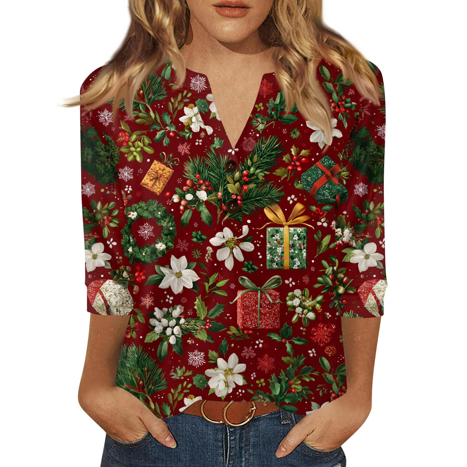 

Жен. Футболка С принтом Пуговицы Рукав 3/4 Повседневные Выходные Мода Классический Классический V-образный вырез Обычный Верх XL винный