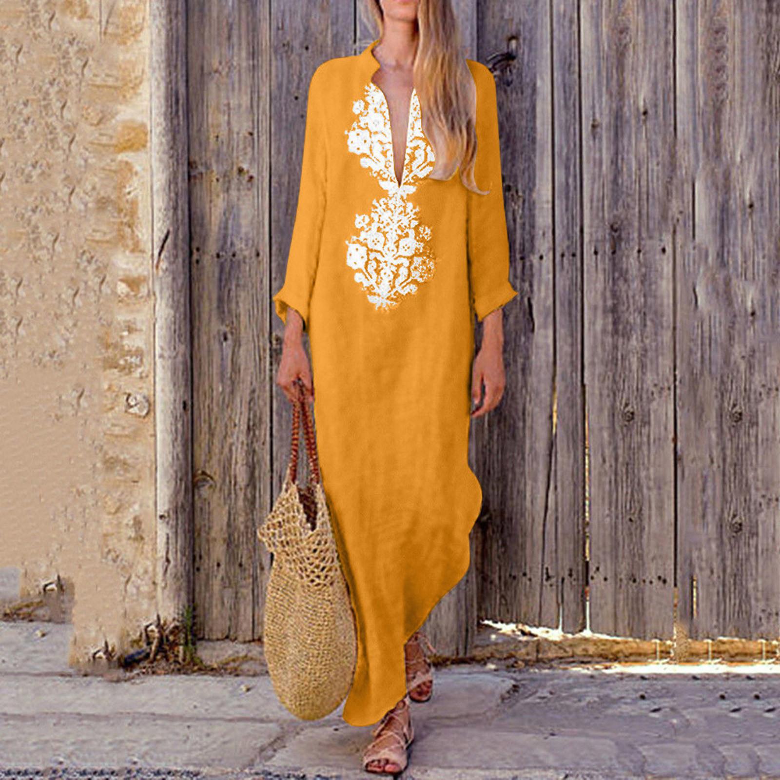 

Женское платье с длинными рукавами с v-образным вырезом и принтом, свободное тонкое платье из хлопка и льна S жёлтый