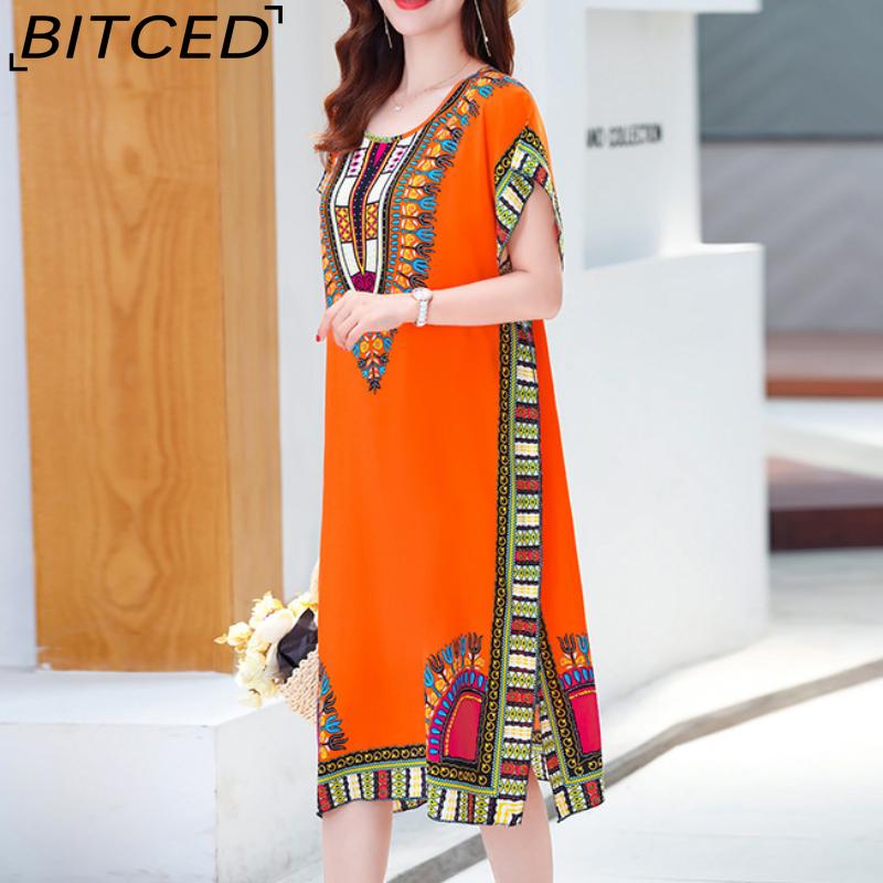 BITCED Summer Dress Geometric Print Pullover One Size Chic Women Mid-Calf Dress For Homewear