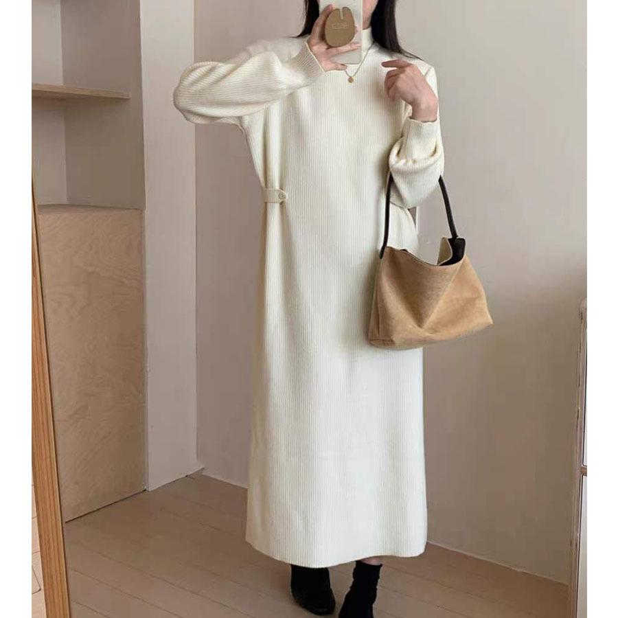 Solid color semi-turtleneck sweater skirt women's autumn and winter lazy inside long over the knee loose new bottoming knitted dress