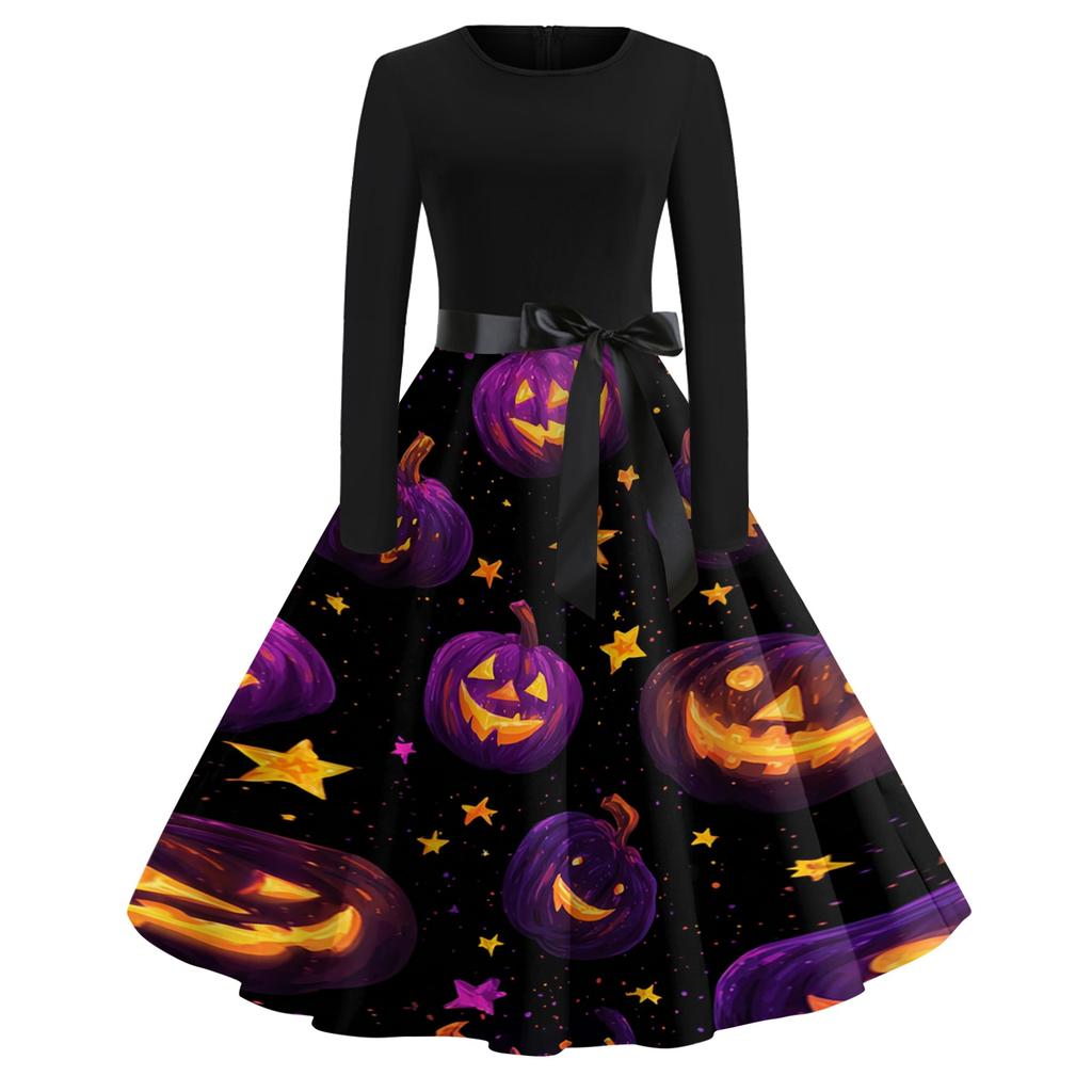 Women's Casual Vintage Halloween Print Dress Long Sleeve Round Neck Retro Swing Skater Dress with Waist Tie for Fall and Winter