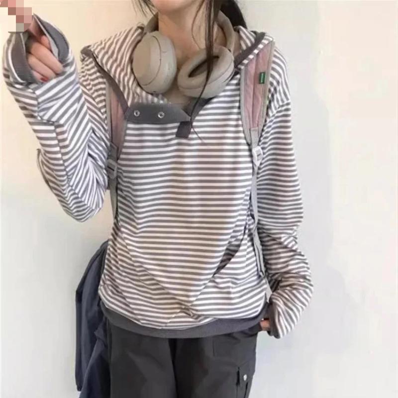 Striped Long Sleeved Casual Fashion Hooded Women's Clothing Y2k Top
