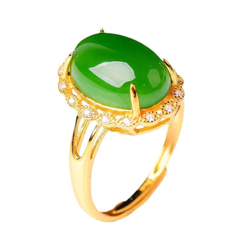 Xinjiang Women's Gold-Plated Ring with Imitation Hetian Jade, Mutton Fat White Jade, and Spinach Green Jasper