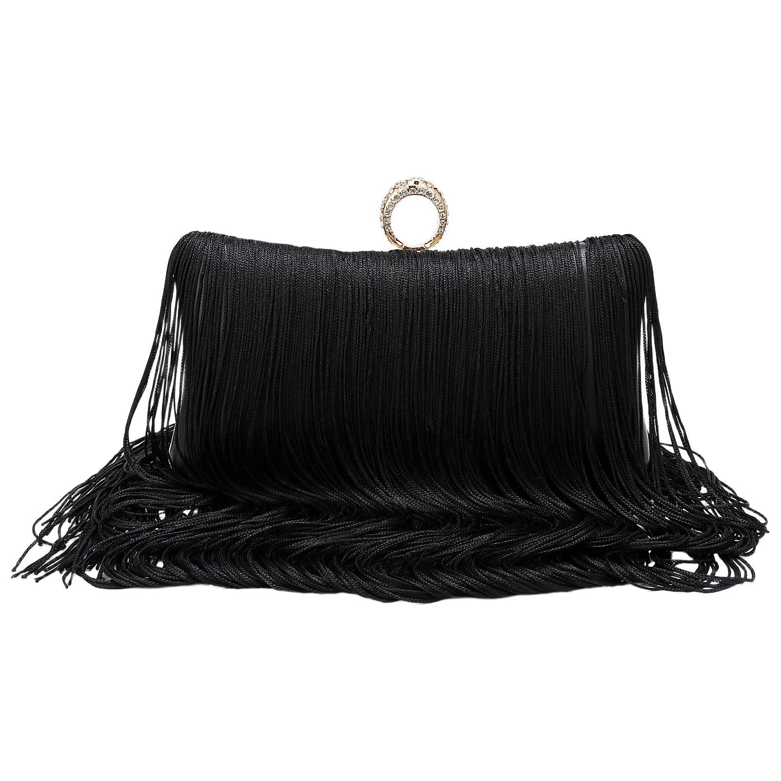 

Металлический каркас Женская сумочка Свадебная вечеринка Клатч Кошелек На плечо Сумка через плечо Роскошная Темно-красная Длинная кисточка Ручной работы Вечерняя сумка чёрный