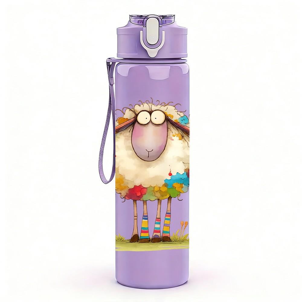 1PC Colorful Fluffy Sheep 750ml Color Plastic Sports Water Bottle Leakproof Flip Straw Lid Suitable for Sports Office Home Use