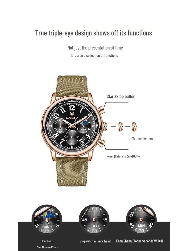 LONGBO Men's Luxury Multifunctional Quartz Watch - Nylon Strap, Waterproof, Hot-Selling