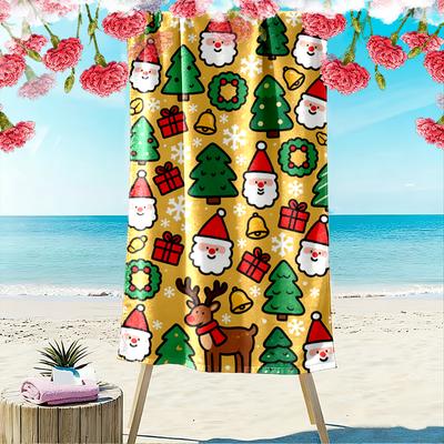 Christmas Santa Reindeer Tree Pattern Beach Towel Quick-drying for Travel Outdoor Sports Jogging Beach and Swimming