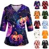 Womens V Neck Halloween Print Medical Scrub Top with Three Quarter Sleeves Side Slits and Front Pocket Nursing Uniform Shirt