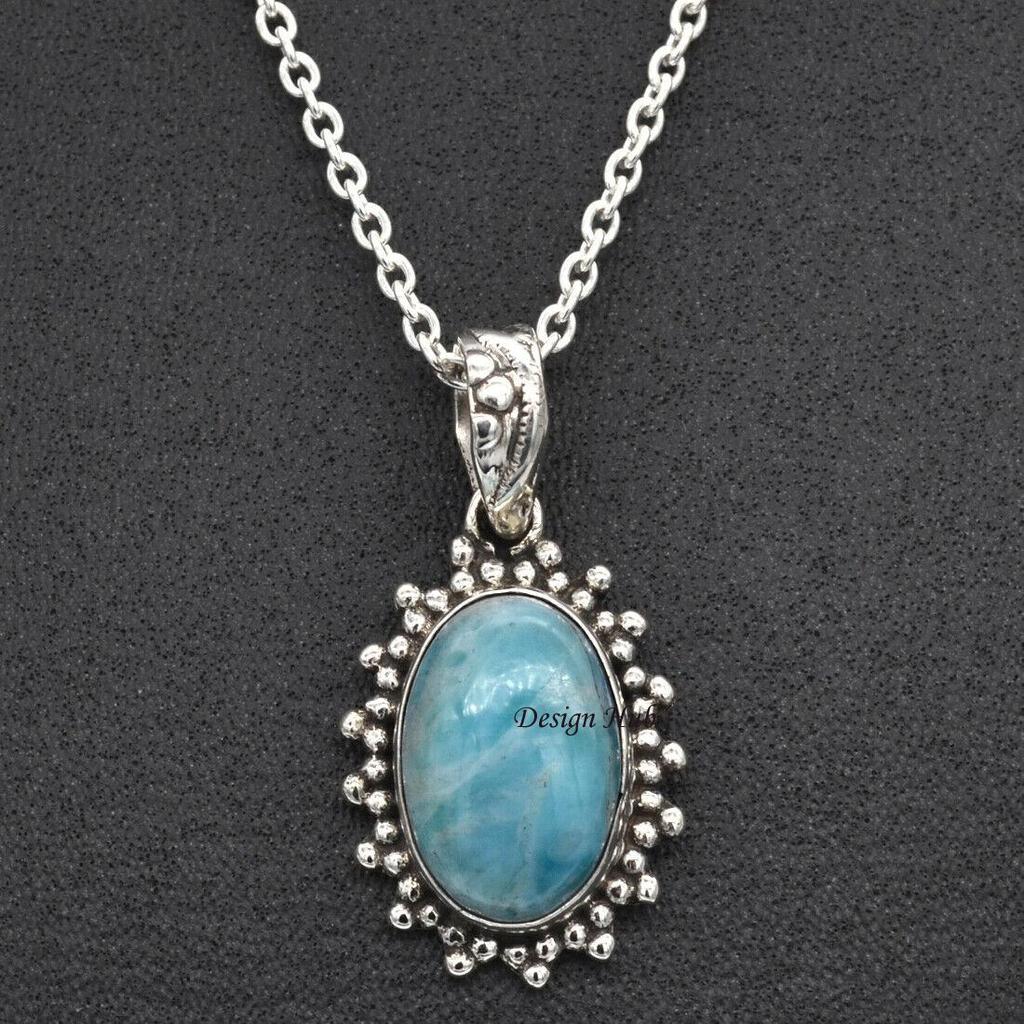 Solid 925 Sterling Silver Gemstone Necklace, Natural Larimar Necklace, Gift For Her, Boho Jewelry, Silver Jewelry, Wedding Necklace