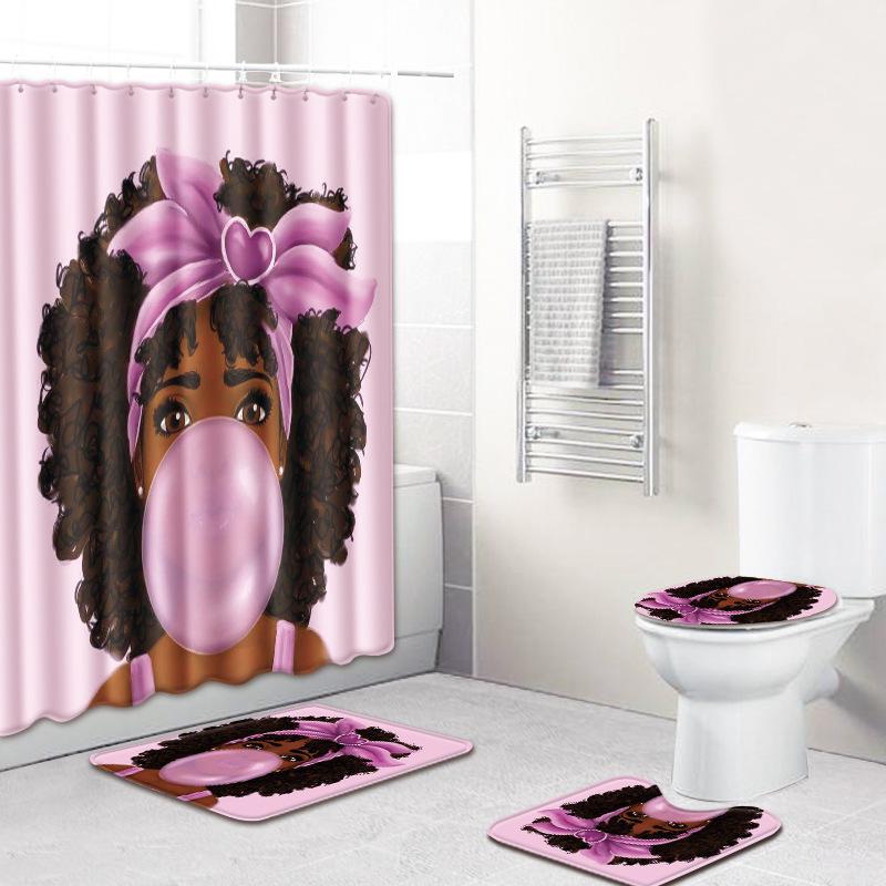 African American Women'S Bathroom Non-Slip Floor Mat, Shower Curtain Combination Carpet, European And American Wind Explosion Female Fixed Zhi