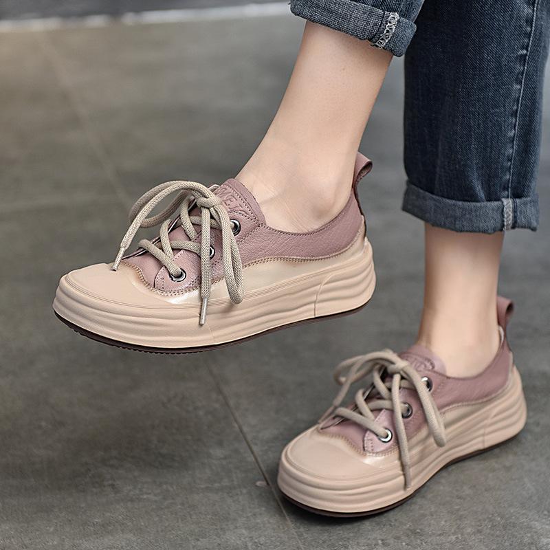 Women's Round Toe Lace-Up Leather Sneakers - 2025 Spring Collection
