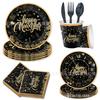 Design New Year Theme Party Tableware Paper Plate Tissue Birthday Supplies Black Gold Color Scheme Disposable Birthday Party