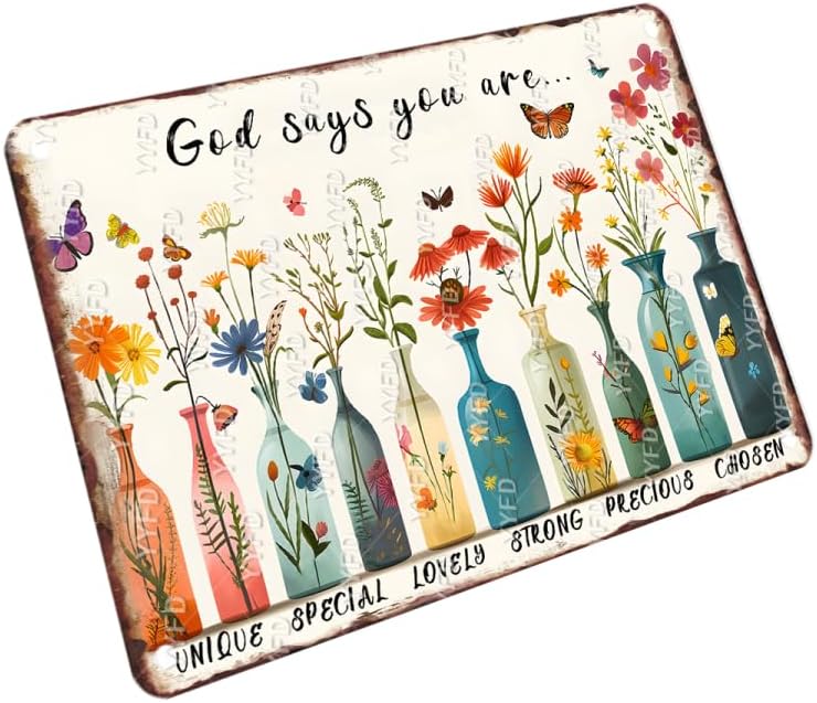 Religion Metal Signs Flower God Says You Are Unique Special Lovely Strong Precious Choose Tin Sign Bible Verse Inspirational 20x30cm（7.8x11.8inch）