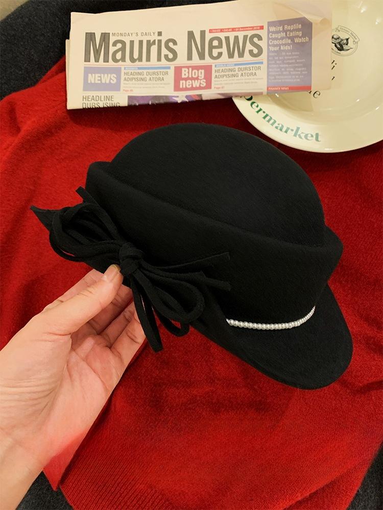 

Pearl Bow Wool Hat Women s New Autumn and Winter Fisherman Hat High Weight Australian Wool Flip brim Hat one size