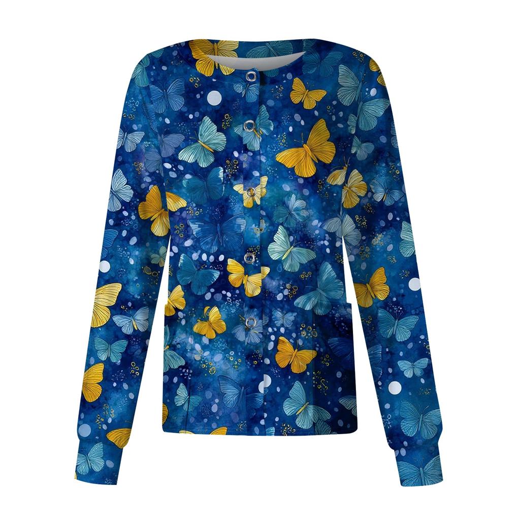 Women's Casual Long Sleeve Single Button Cardigan Animal Print Lightweight Open Front Workwear Top for Caregivers and Professionals
