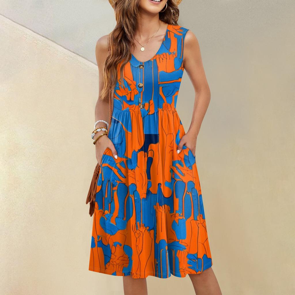 Women's Casual Fashion Sexy V-neck Button Decoration Sleeveless Beach Printed Boutonniere Dress