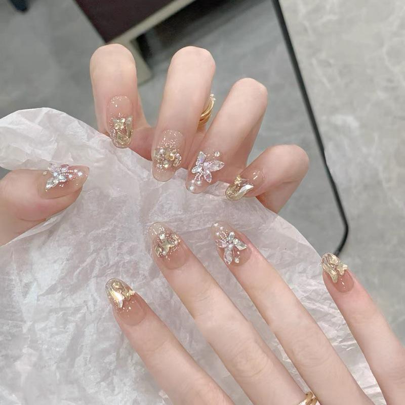 Handmade Butterfly Champagne Diamond False Nails with Whitening Blush