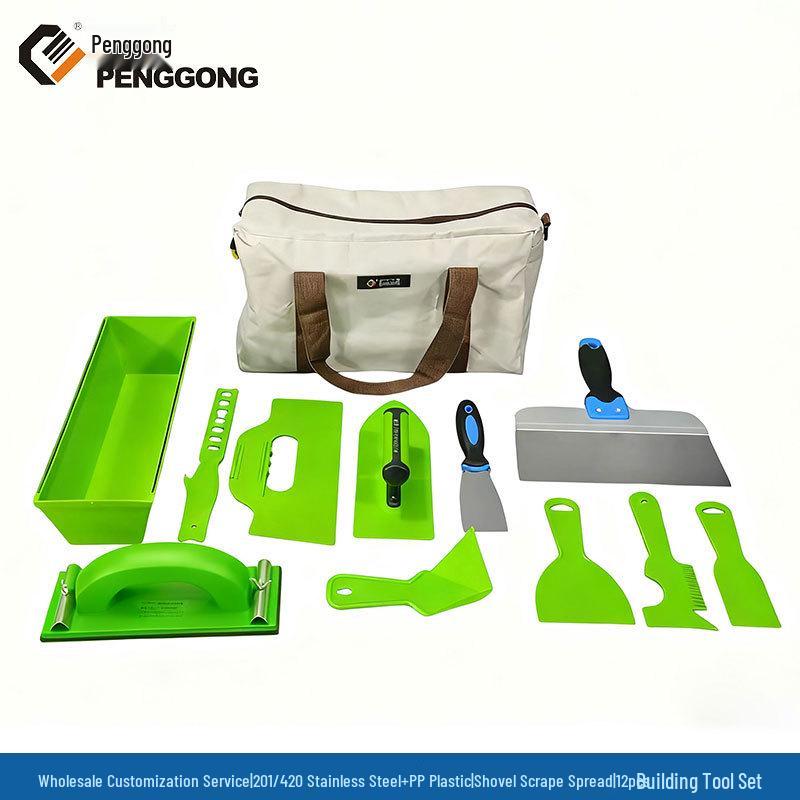 Penggong Tool Set: Plastic Mud Scraper, Trowel, Cement Box, Sandpaper Wipe, Stainless Steel Putty Knife, Spatula, Storage Bag