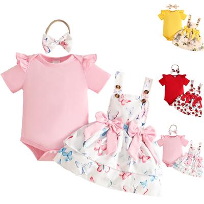 Baby Girl Summer Outfit 3 Pieces Set Short Sleeve Bodysuit Dress with Bowknot Headband Ladybug Print Suspender Skirt