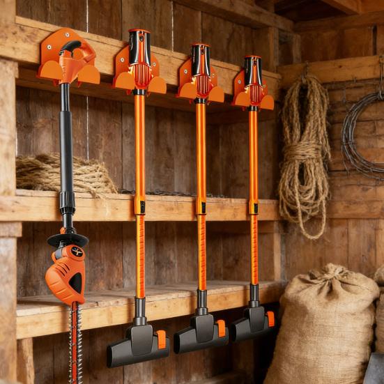 Nástěnný držák na zahradní elektrické nářadí Pevný kovový závěs na stěnu kůlny/garáže Držák organizér pro zahradní nůžky, košťata, lopaty, sekačku na trávu