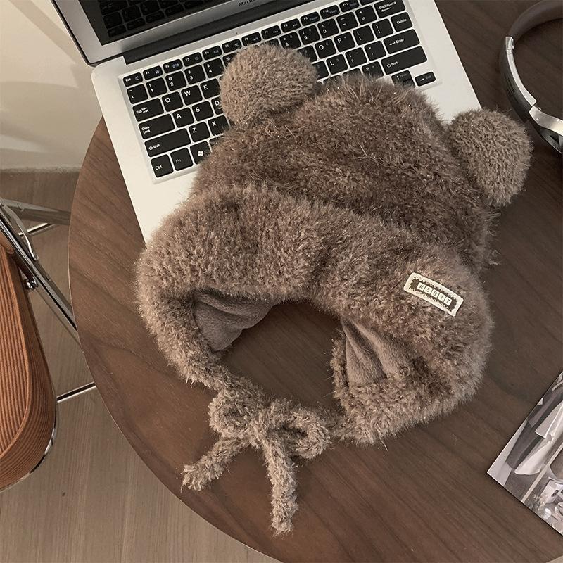 New bear hat women's autumn and winter thickened warm and cold-proof plush hat shows small face knitted wool hat tide
