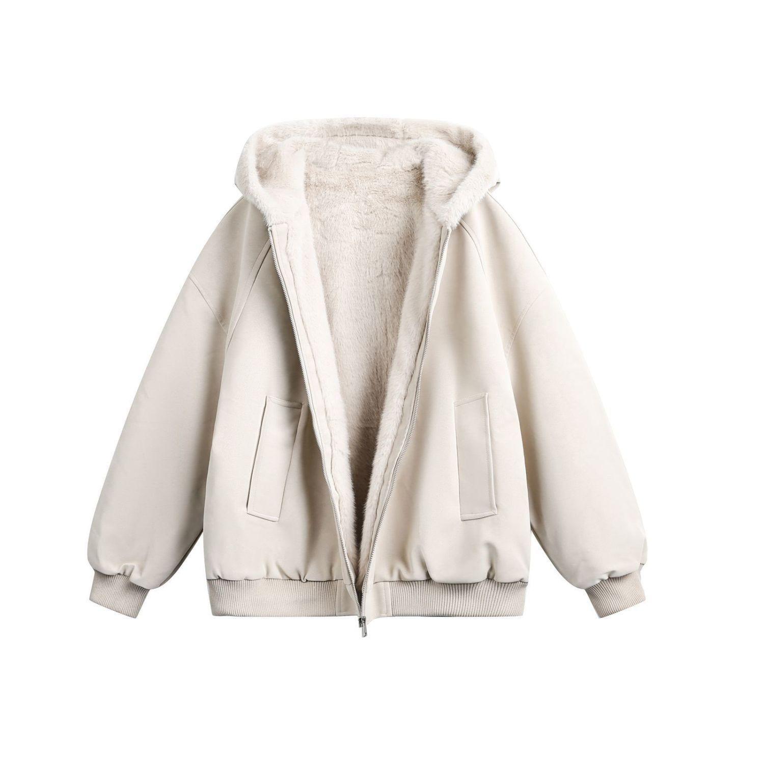 Zuoshan Diao Unisex Retro Winter Jacket with Fur Collar - Hooded, Fleece-Lined, Thick Cotton for Warmth. XXL абрикосовый