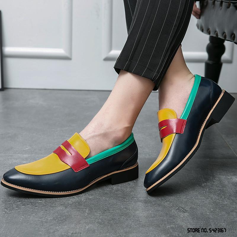 Britain Retro Colour Mix Patchwork  Pointed  Flats Oxford Shoes Men Casual Loafers Formal Dress Footwear Sapatos Tenis Masculino