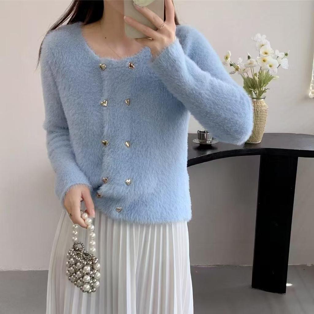 French small fragrant style imitation mink knitted cardigan women's autumn and winter temperament elegant round neck solid color double-breasted