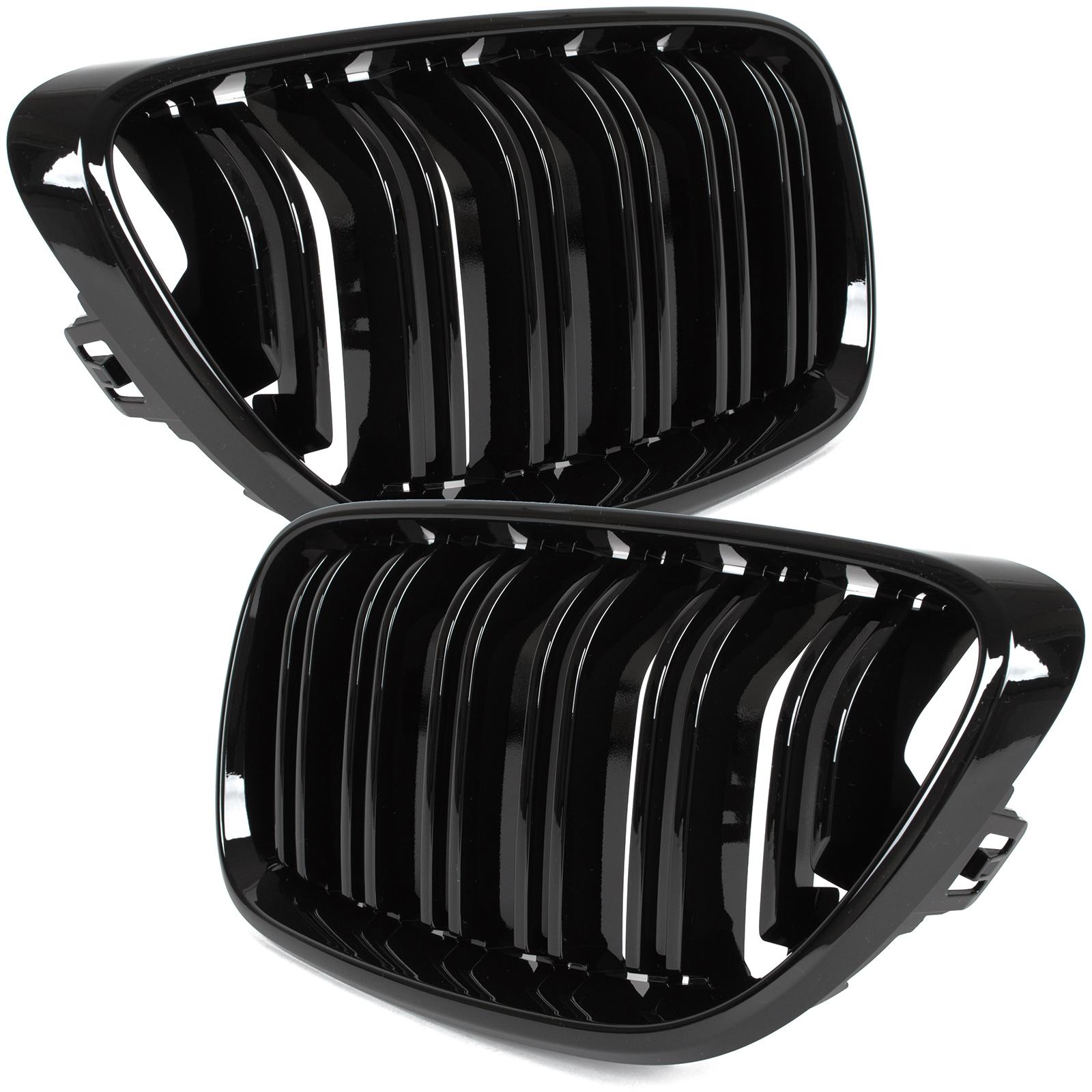 Super Merchant Bmw 2 F22 2012- Roosters Tussen De Koplampen (nieren) Links + Rechts Set Zwart Glanzend Dubbele Staaf