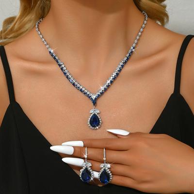 3PC Women's Fashion Zircon Water Drop Necklace Earrings Zircon Set with Design Sense Suitable for Wedding, Party, Festival Gift