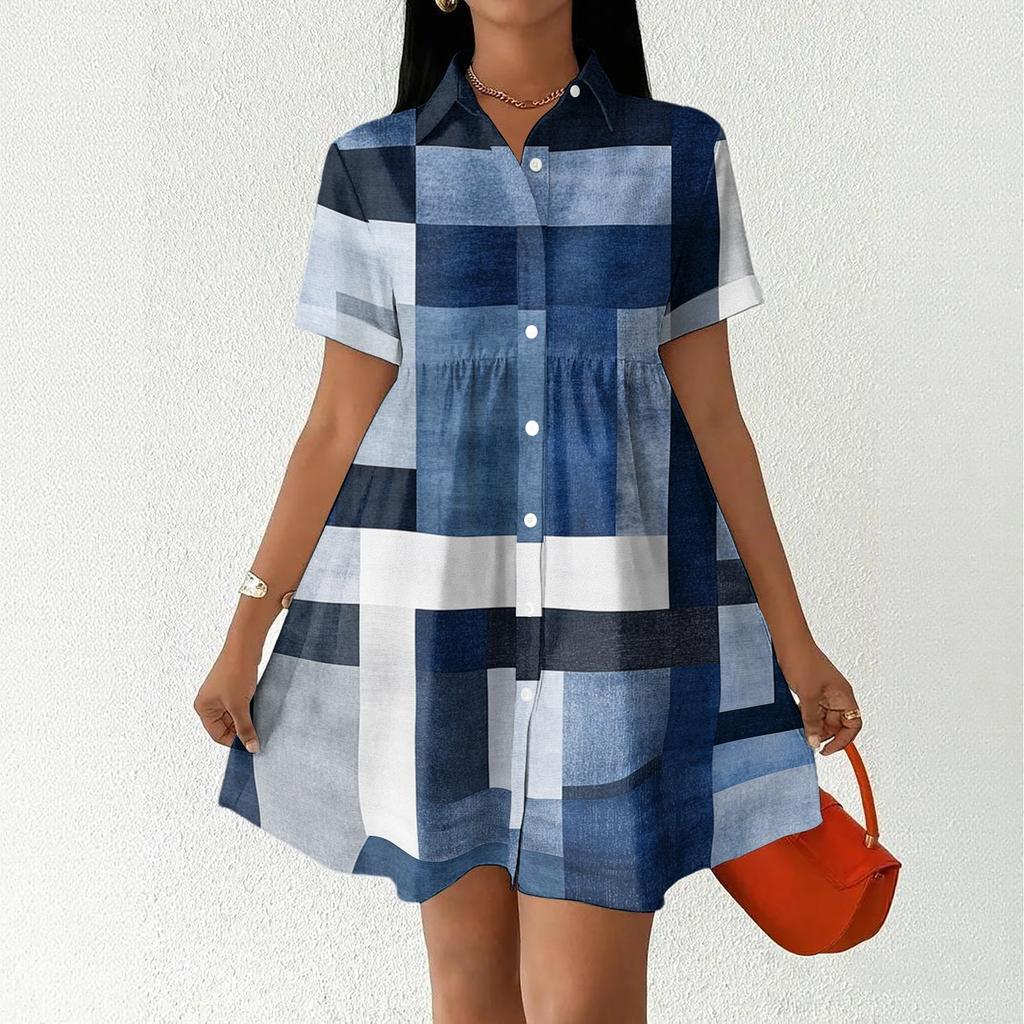 Women’s Casual Loose Fit Button Down Shirt Dress with Stand Collar and Floral Print Short Sleeve Design for Daily Wear