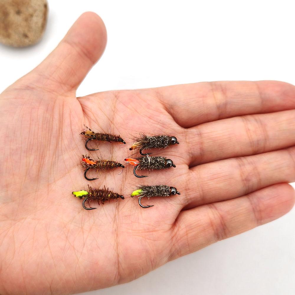 6 Stück #12 Widerhaken Hasenohr & Hirschhaar Dubbing Köcherfliegenlarve Nymphenfliegen mit 3,2mm Messingkopf Forelle Barsch Steelhead Angelköder