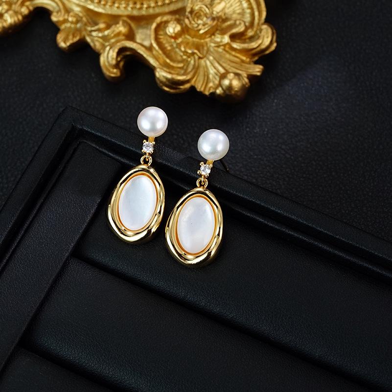 Boucles d'oreilles pendantes en argent S925 avec nacre naturelle et perles d'eau douce