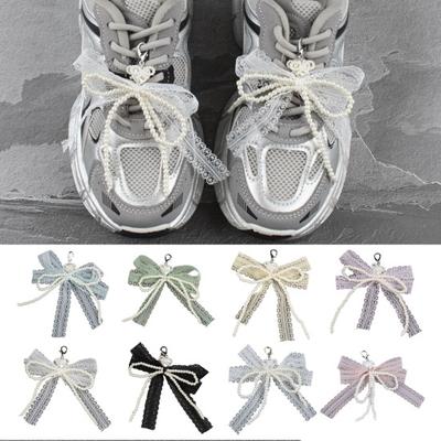 Lace Bow Shoe Charm for Sneakers Faux Pearls Beaded Bowknot Removable Bow Charm Accessory for Women Girls Shoes Bags Keychains